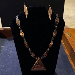 Vintage Copper Leaf Earrings & Geometric Choker Necklace